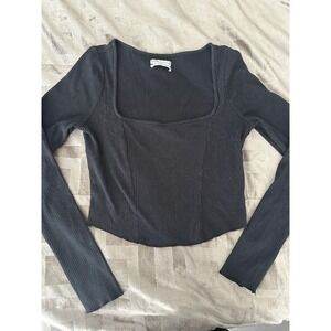 Urban Outfitters Shirt Womens Medium Black Ribbed Long Sleeve Square Neck Crop